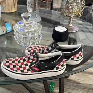 Vans Kids Red and Black Checkered Slip-On Shoes